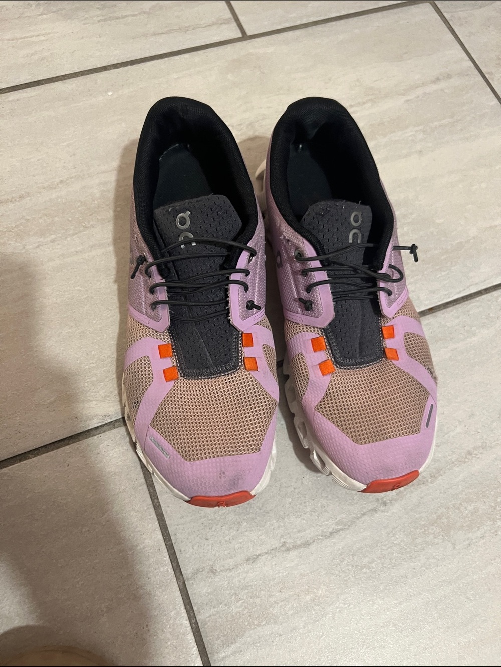 On Running Women’s Pink Taupe Athletic Cloud Shoes with Orange Accents
